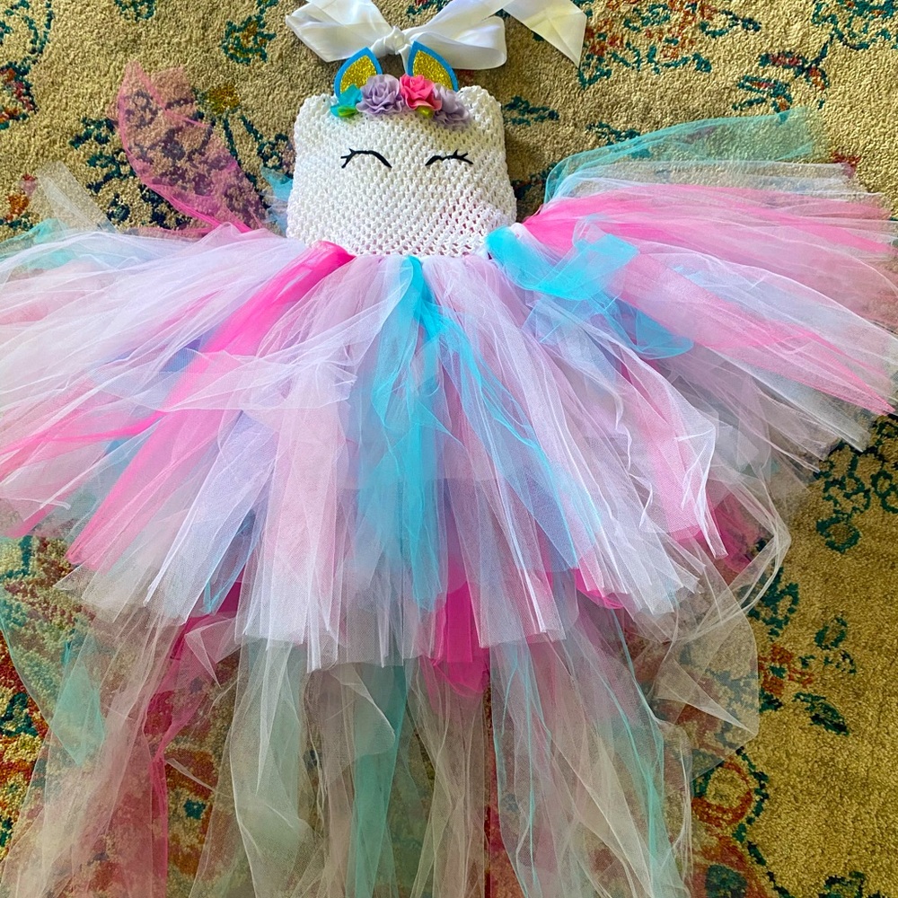 Girls white pink blue Pastel unicorn costume. Handmade🦄